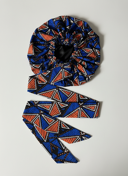Blue & Orange Ankara Satin-Lined Bonnet with Long Ties – Multi-Wear Sleep Cap, Turban & Headwrap - Fatisha Boutique #