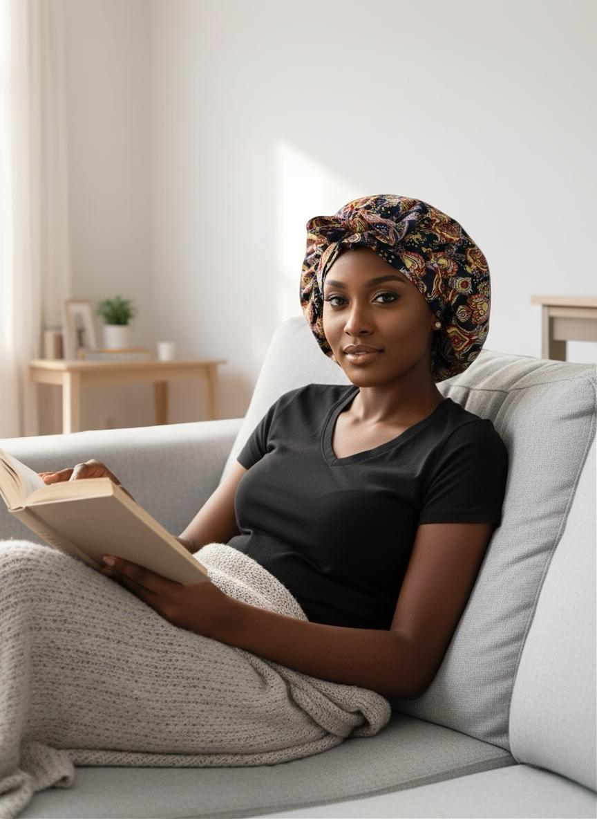 Navy Floral Ankara Satin-Lined Bonnet with Long Ties – Multi-Wear Sleep Cap, Turban & Headwrap - Fatisha Boutique #