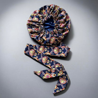 Navy Floral Ankara Satin-Lined Bonnet with Long Ties – Multi-Wear Sleep Cap, Turban & Headwrap - Fatisha Boutique #