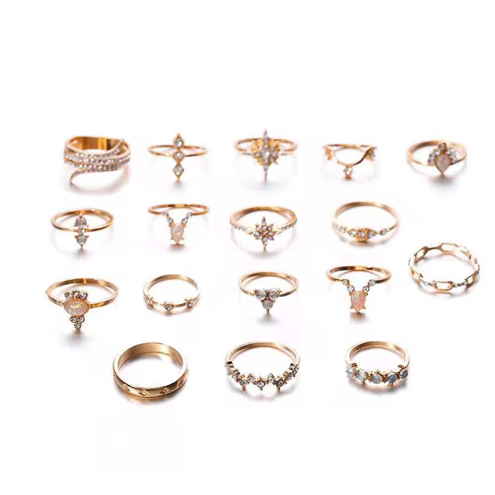 Gold Opal Aesthetic Ring Set (17 Pieces) – Vintage Boho Stacking Rings - Fatisha Boutique #