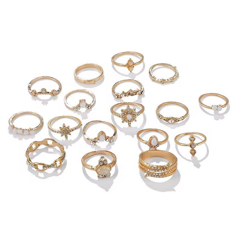 Gold Opal Aesthetic Ring Set (17 Pieces) – Vintage Boho Stacking Rings - Fatisha Boutique #