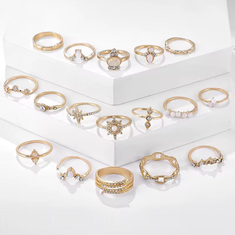 Gold Opal Aesthetic Ring Set (17 Pieces) – Vintage Boho Stacking Rings - Fatisha Boutique #