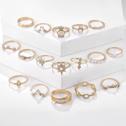 Gold Opal Aesthetic Ring Set (17 Pieces) – Vintage Boho Stacking Rings - Fatisha Boutique #