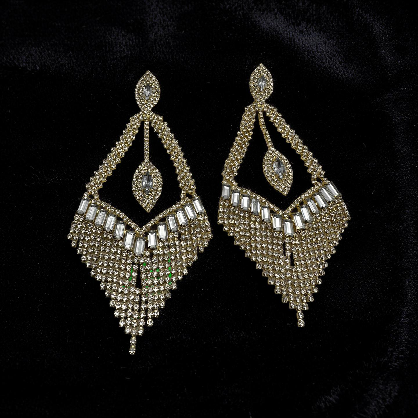 Luxury Crystal Chandelier Statement Earrings – Long Rhinestone Glam Drop (Gold, Silver or Grey) - Fatisha Boutique #