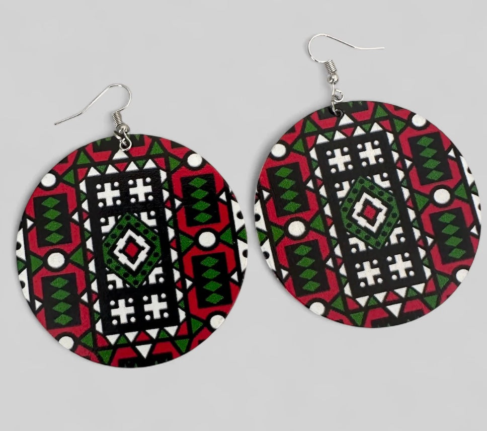 Red & Green African Print Wooden Statement Earrings – Double-Sided Lightweight Tribal Dangle Earrings - Fatisha Boutique #
