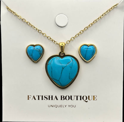 Turquoise Love Heart  Shaped Pendant Stainless Steel Pendant Set