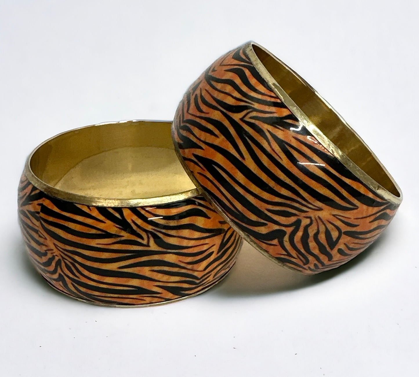 Wide Chunky Tiger Print Ethnic Wooden Brass Bangle Bracelets