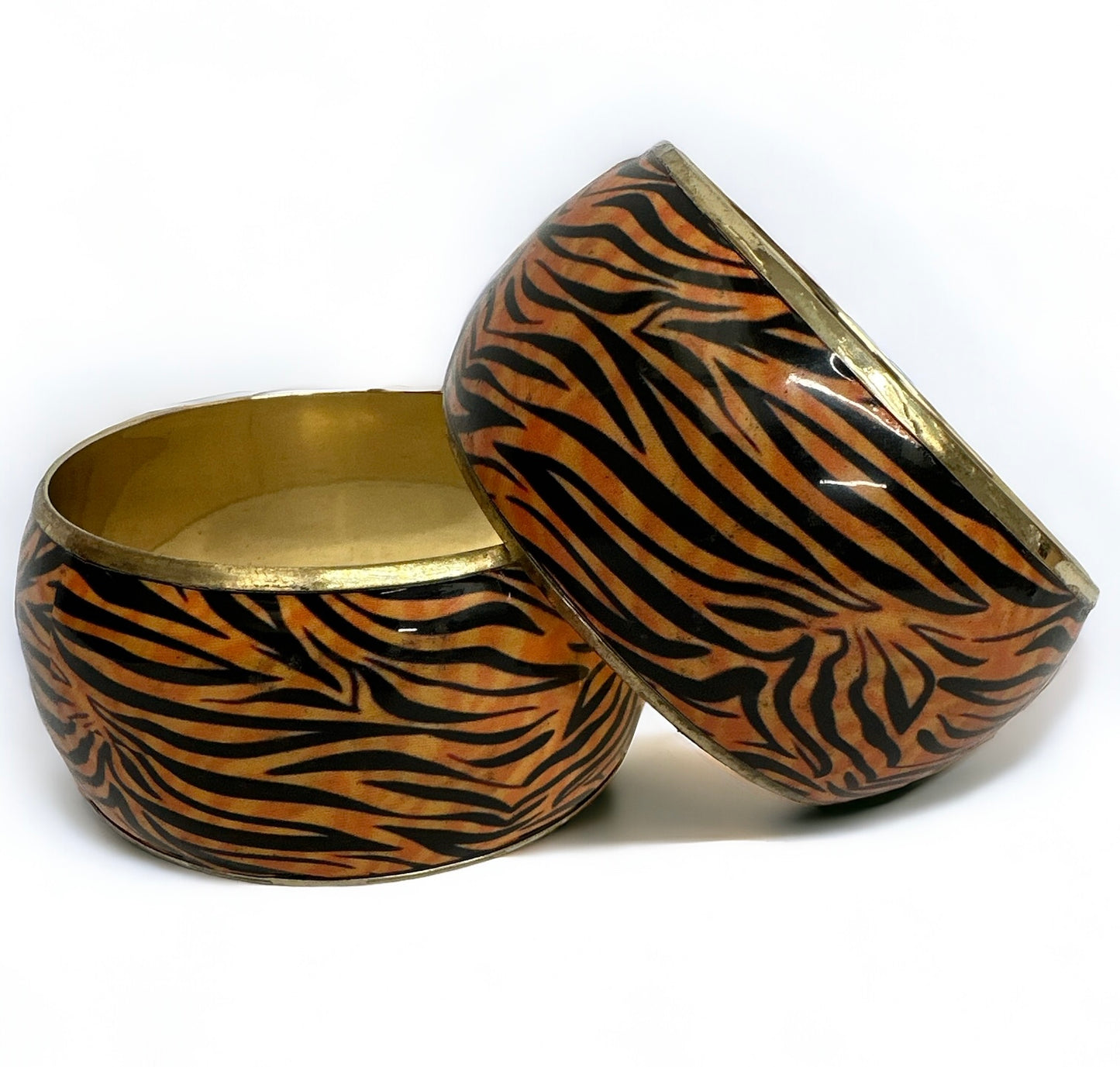 Wide Chunky Tiger Print Ethnic Wooden Brass Bangle Bracelets