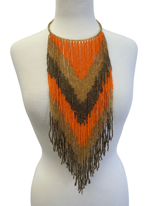 African Authentic Long Orange Beaded Fringe Tassels Necklace Pendant