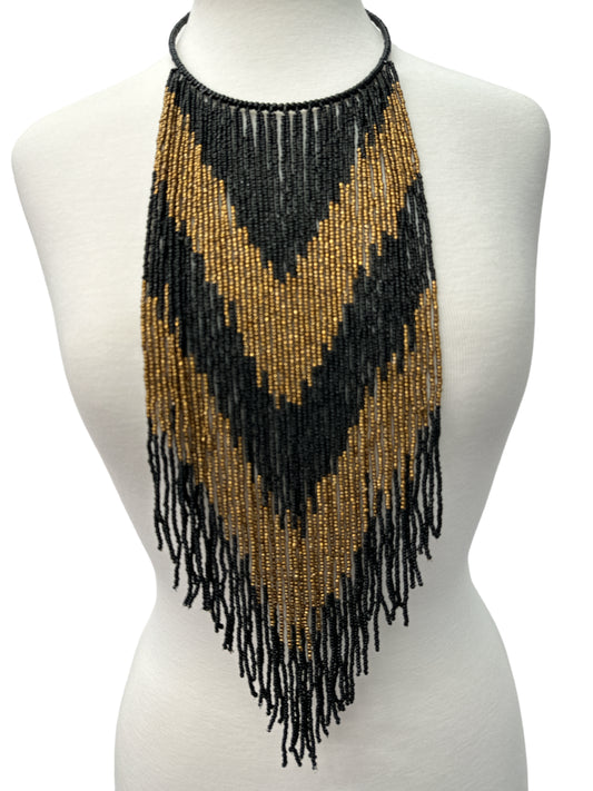 African Authentic Long Black Beaded Fringe Tassels Necklace Pendant