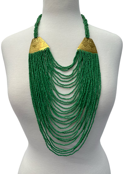 Authentic Long Green Beaded Brass Pendant Ethnic Necklace