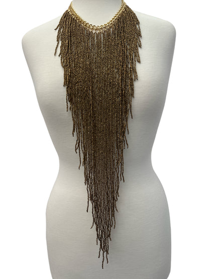 Extra Long Bohemian Gold Beaded Tassels Pendant Necklace