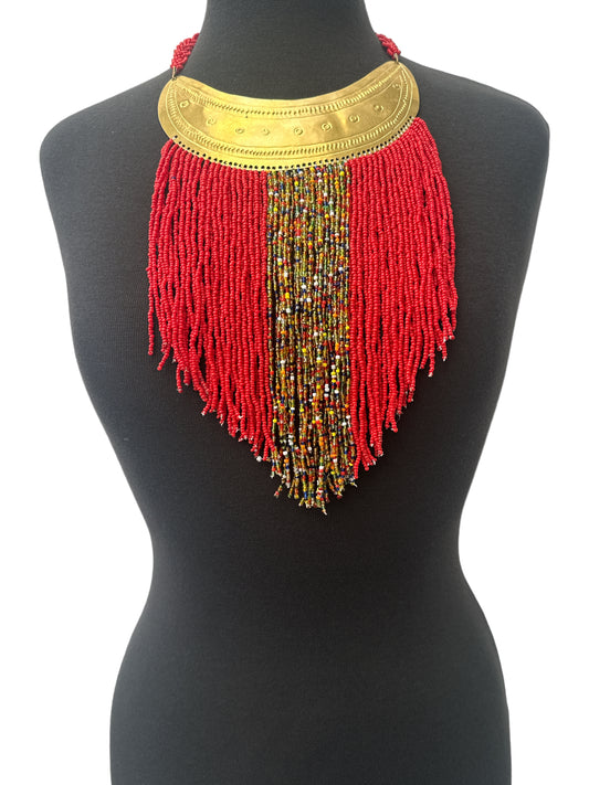 Authentic African Red Beaded Ethnic Tassels Fringe Brass Pendant Necklace