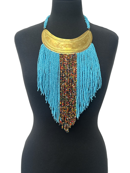 Authentic African Blue Beaded Ethnic Tassels Fringe Brass Pendant Necklace