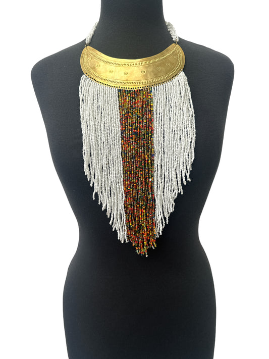 Authentic African White  Beaded Ethnic Tassels Fringe Brass Pendant Necklace