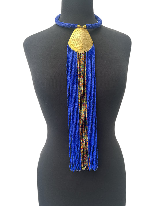Long African Authentic Engraved Brass Blue Beaded Fringe Pendant Necklace