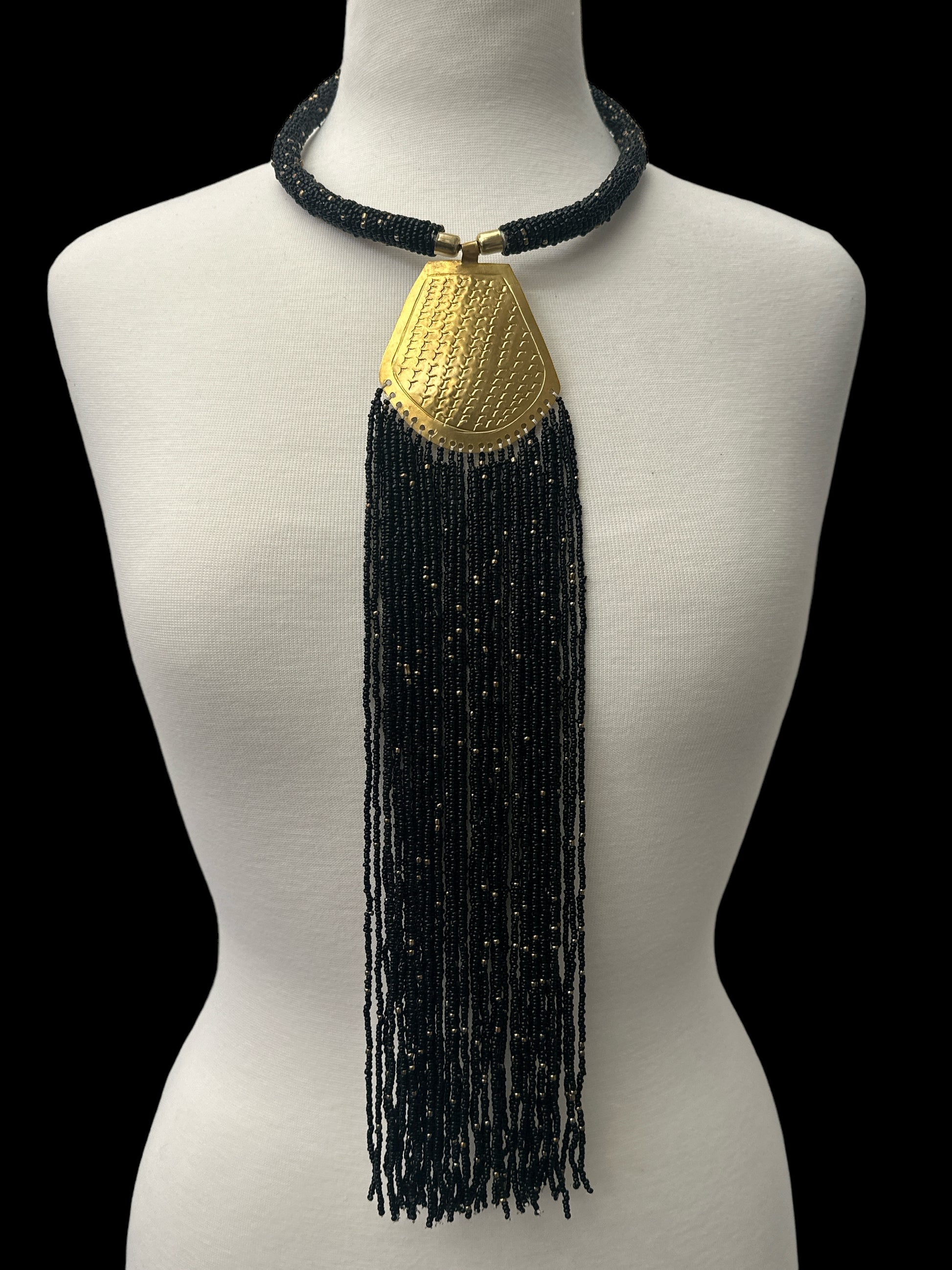 Long Authentic African Engraved Brass Black Beaded Fringe Pendant Necklace - Fatisha Boutique #