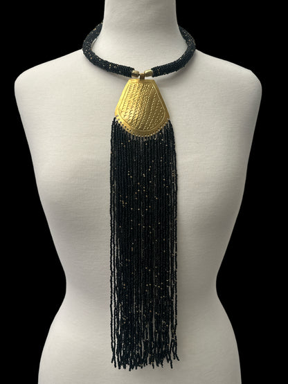 Long Authentic African Engraved Brass Black Beaded Fringe Pendant Necklace - Fatisha Boutique #