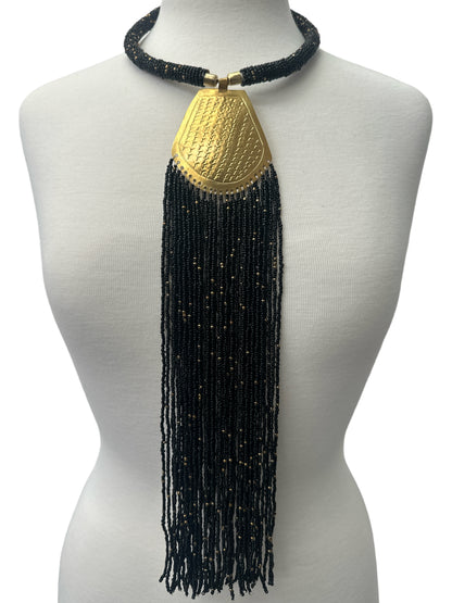 Long Authentic African Engraved Brass Black Beaded Fringe Pendant Necklace - Fatisha Boutique #