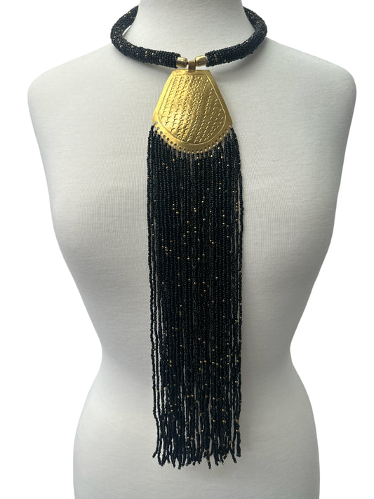 Long Authentic African Engraved Brass Black Beaded Fringe Pendant Necklace - Fatisha Boutique #