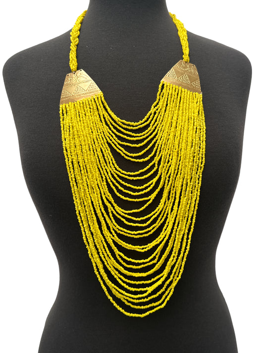 Authentic Long Yellow Beaded Brass Pendant Ethnic Necklace