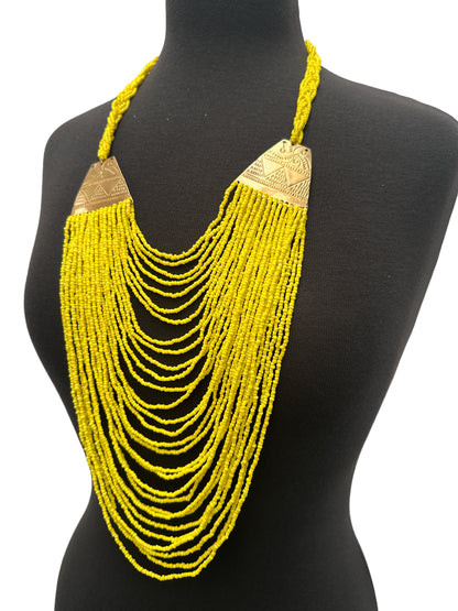 Authentic Long Yellow Beaded Brass Pendant Ethnic Necklace