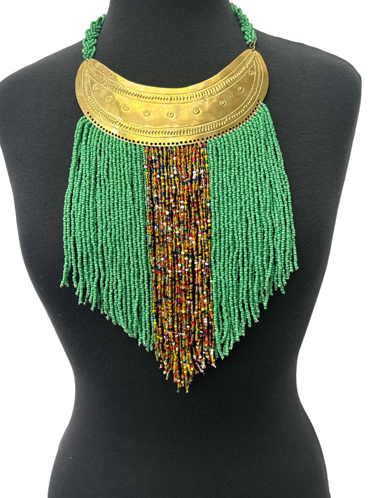 Authentic African Green Beaded Ethnic Tassels Fringe Brass Pendant Necklaces