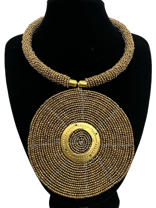Authentic African Gold Beaded Large Disc Pendant Necklace