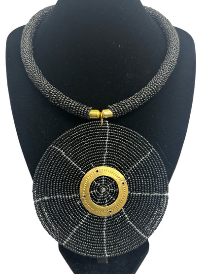 Black Beaded Pendant Necklace - Handmade African Statement Jewellery - Fatisha Boutique #