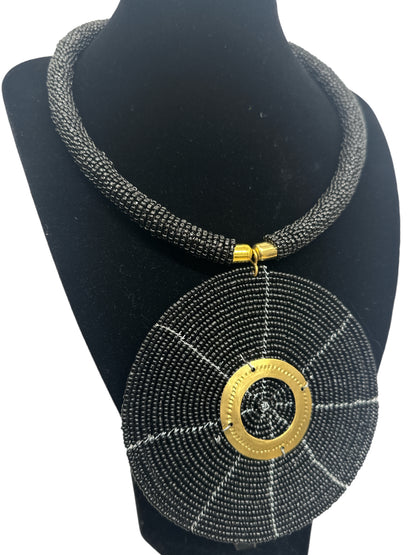 Black Beaded Pendant Necklace - Handmade African Statement Jewellery - Fatisha Boutique #