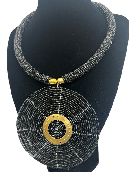 Black Beaded Pendant Necklace - Handmade African Statement Jewellery - Fatisha Boutique #