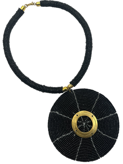 Black Beaded Pendant Necklace - Handmade African Statement Jewellery - Fatisha Boutique #