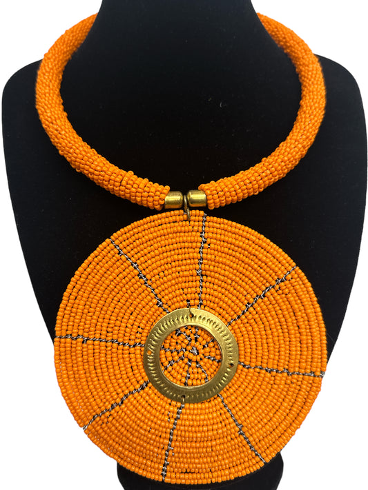 Authentic African Light Orange Beaded Large Disc Pendant Necklace