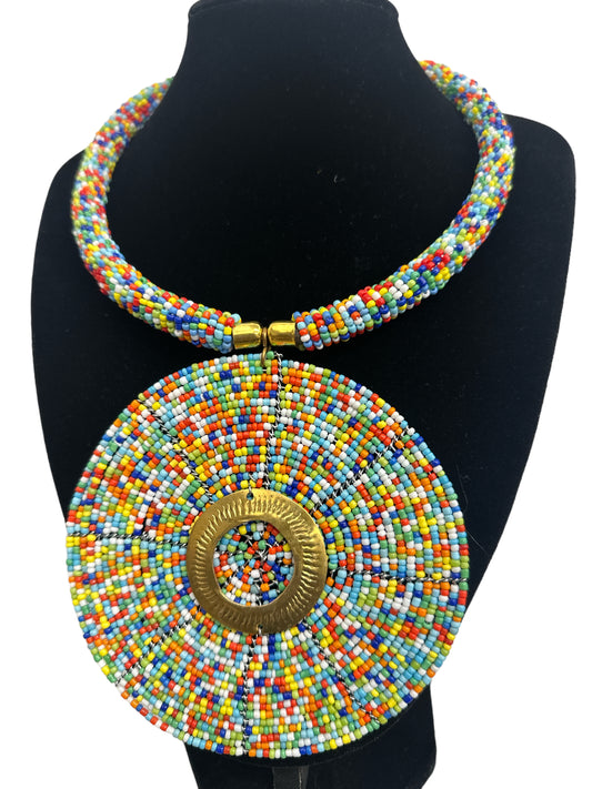 Authentic African Multicolour Beaded Large Disc Pendant Necklace