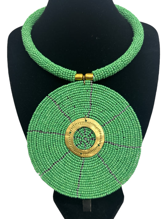 Authentic African Green Beaded Large Disc Pendant Necklace