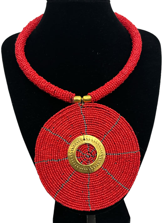 Authentic African Red Beaded Large Disc Pendant Necklace
