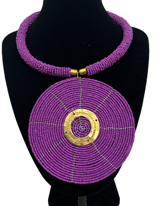 Authentic African Purple Beaded Large Disc Pendant Necklace