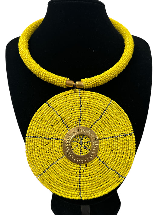 Authentic African Yellow Beaded Large Disc Pendant Necklace