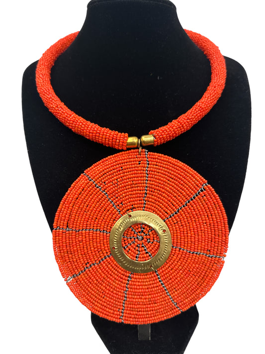 Authentic African Orange Beaded Large Disc Pendant Necklace