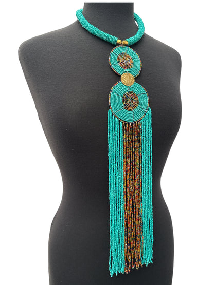 Authentic African Turquoise  Beaded Long Fringes Pendant Necklaces