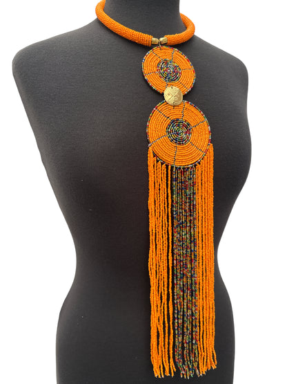 Authentic African Orange Beaded Long Fringes Pendant Necklaces