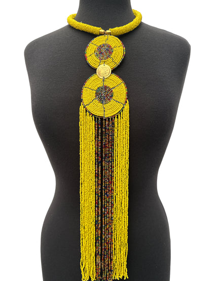Authentic African Yellow  Beaded Long Fringes Pendant Necklaces