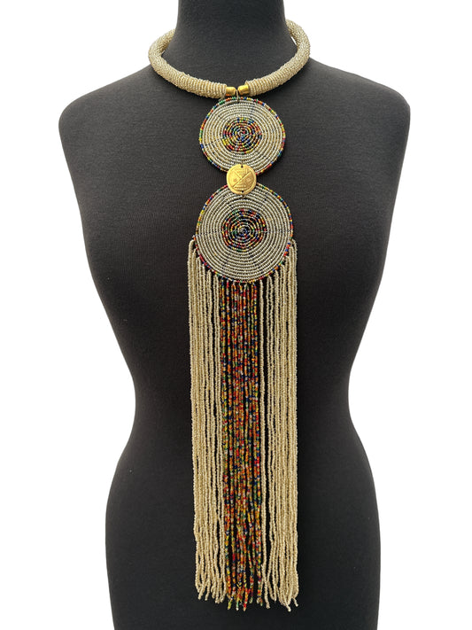Authentic African Beige Beaded Long Fringes Pendant Necklaces