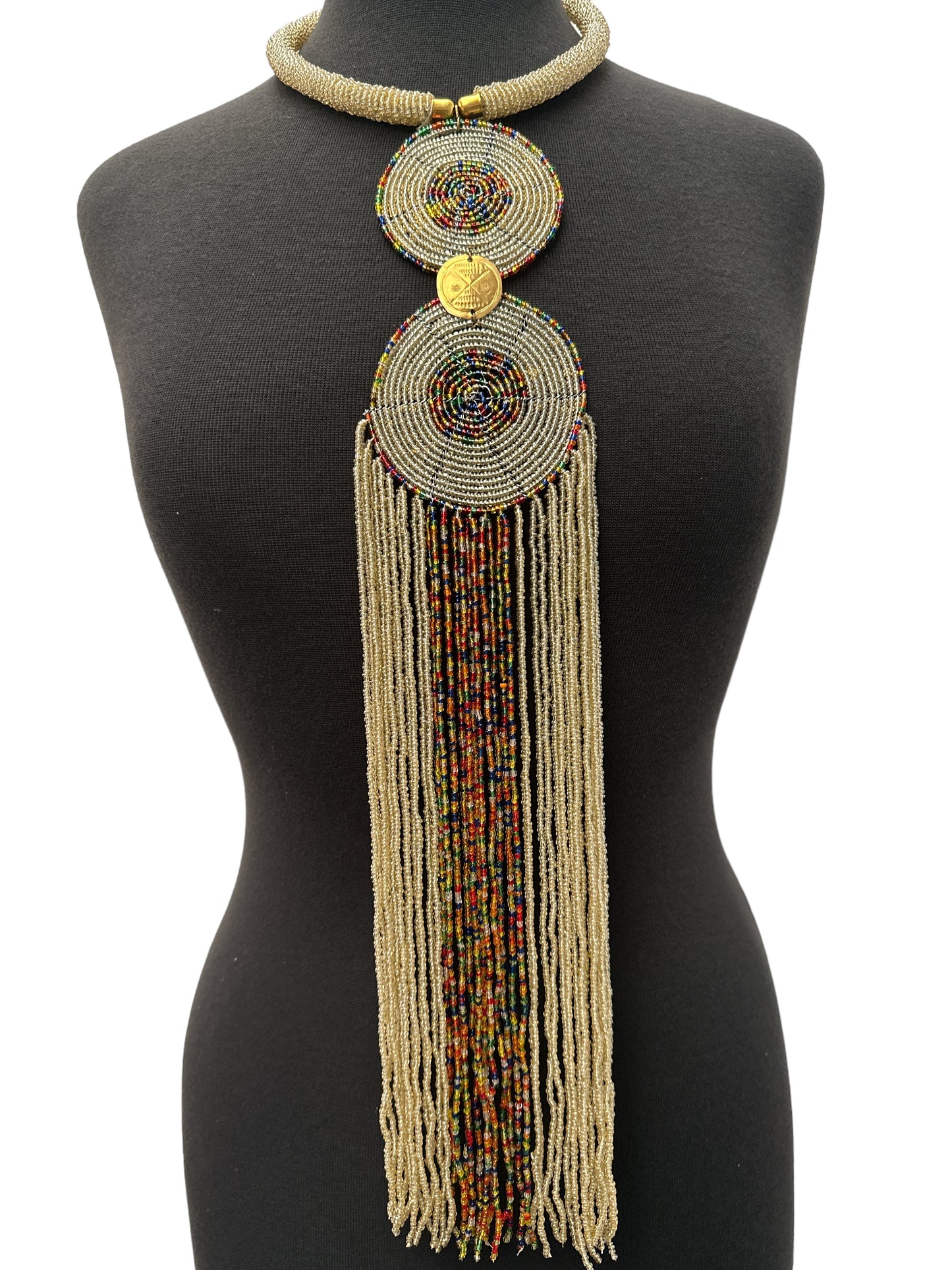 Authentic African Beige Beaded Long Fringes Pendant Necklaces