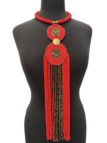 Authentic African Red Beaded Long Fringes Pendant Necklaces