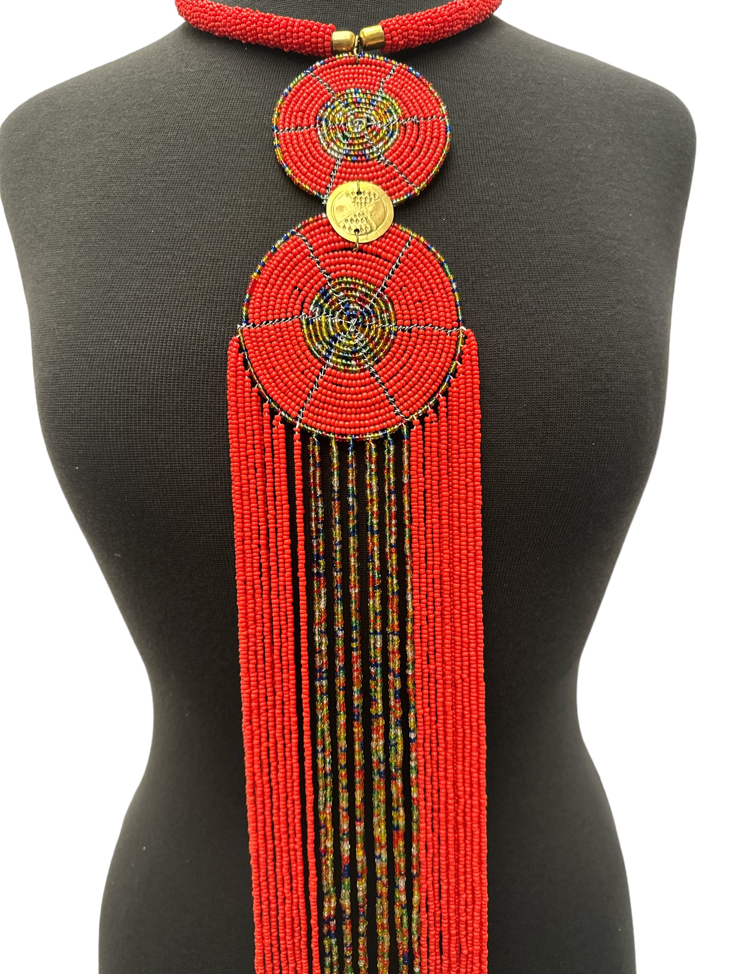 Authentic African Red Beaded Long Fringes Pendant Necklaces