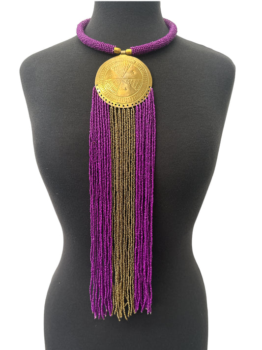African Authentic Engraved Brass Long Purple Beaded Fringe Pendant Necklace