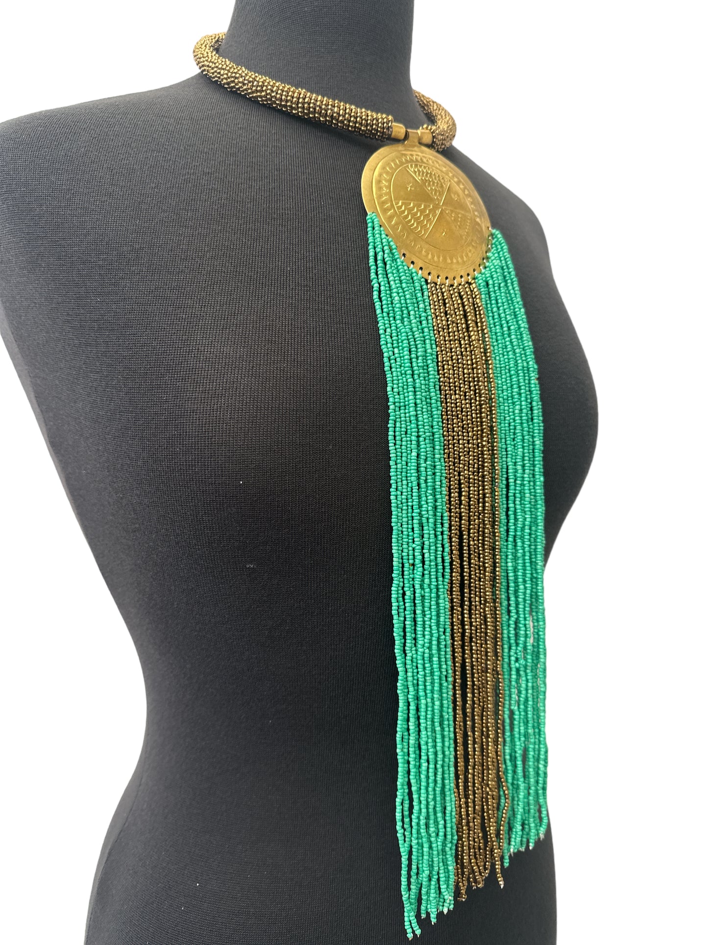 African Authentic Engraved Brass Long Green Beaded Fringe Pendant Necklace