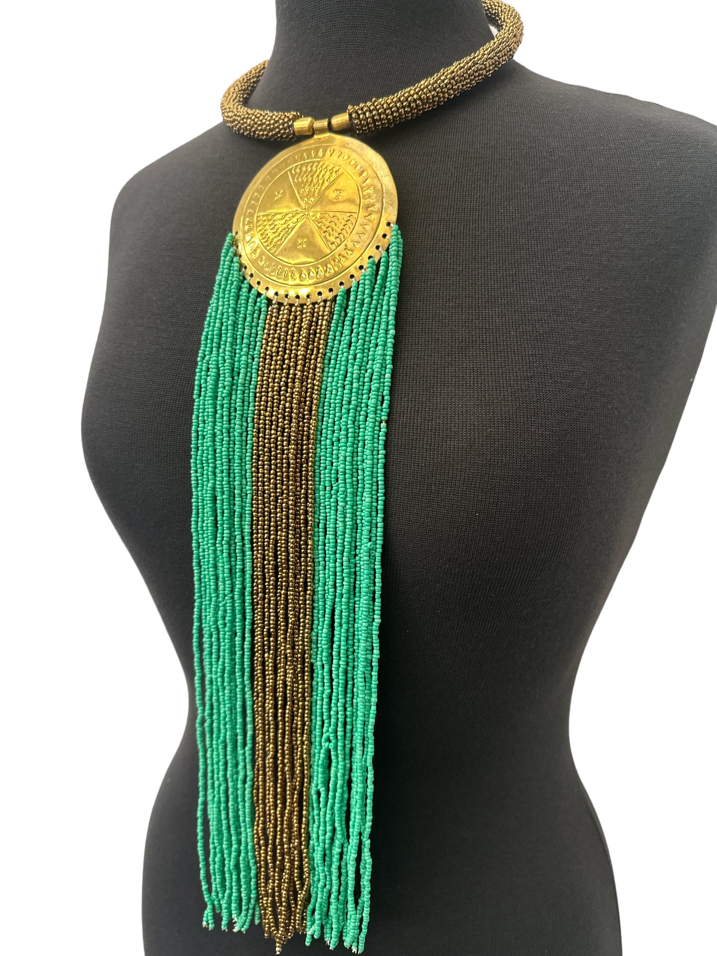 African Authentic Engraved Brass Long Green Beaded Fringe Pendant Necklace