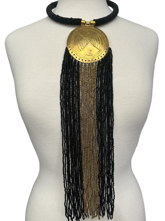 African Authentic Engraved Brass Long Black Beaded Fringe Pendant Necklace
